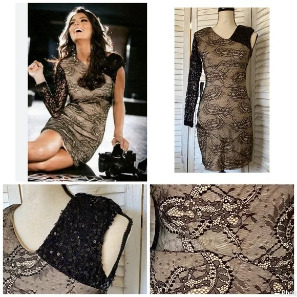 NWT BEBE Addiction Sparkle One Sleeve Lace Dress - Picture 1 of 12